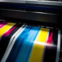 Large Format Printing Machine in Action Showing Vibrant CMYK Colors photo