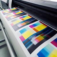 Large Format Color Printer Producing Vibrant Colorful Prints on a Roll of Paper photo