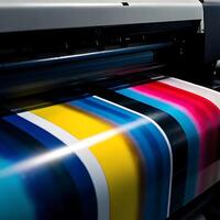Large Format Printing Machine Printing Vibrant Color Stripes on a Roll of Material photo
