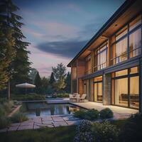 Modern Luxury Home with Evening Poolside View Stunning Architecture and Landscaping photo