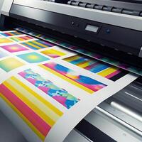 Large Format Color Printer Producing Vibrant Prints with Various Designs and Color Swatches photo