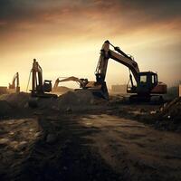 Heavy Machinery at Dusk Excavating Earth During Construction Project photo