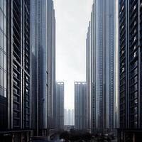 Modern Cityscape Architecture Tall Sleek Buildings in a Hazy Dawn photo