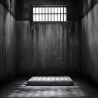 A solitary confinement cell features a thin mattress on a concrete floor, a barred window high on the wall, and dark, damp walls photo