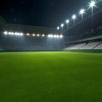 Night view of an empty soccer stadium with bright lights illuminating the green field and empty stands under a starry night sky photo