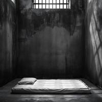 A stark depiction of a solitary confinement cell featuring a thin mattress and pillow on a concrete floor photo
