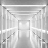 Bright White Modern Minimalist Corridor Interior Design with Linear Lighting photo