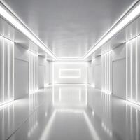 White hallway with a lighted floor and a white wall photo