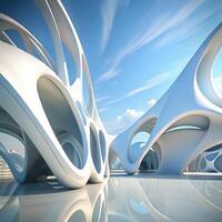 Futuristic White Architectural Design with Smooth Curves and Open Spaces under a Blue Sky photo