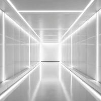 A long white hallway with white walls and lights photo