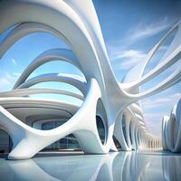 Futuristic White Architectural Design with Flowing Curves and Open Spaces under a Blue Sky photo