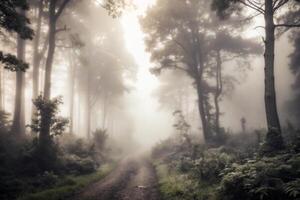 Misty Forest Path Enveloped in Fog A Serene and Mysterious Woodland Scene photo