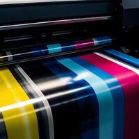 Large Format Digital Printing Machine in Action Colorful Ink Rolls photo