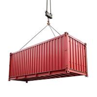 A large red shipping container being lifted by a crane hook against a white background photo