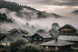 Misty Mountain Village Scene Serene Fog Envelops Wooden Houses nestled in the Hills Tranquil Atmosphere photo