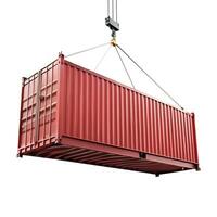 A large red shipping container being lifted by a crane against a white background photo