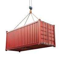 A red container is being lifted by a crane photo