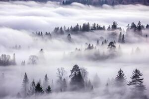 Misty Mountain Forest Landscape with Rolling Fog and Silhouetted Trees photo