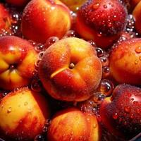 Juicy Ripe Peaches Soaking in Bubbly Water Preparation for Delicious Treats photo