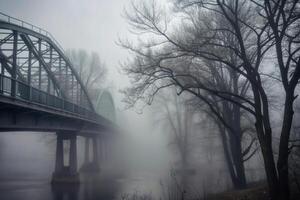 Misty River Scene with Bridge and Bare Trees in Foggy Winter Landscape photo