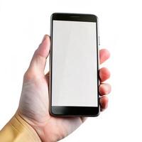 A hand holding a smartphone with a blank white screen against a white background a mobile phone mockup perfect for app presentations photo
