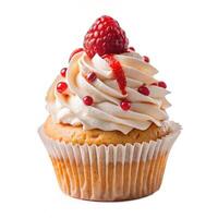 Delicious Raspberry Cupcake with Creamy Frosting and Red Drizzle photo