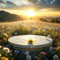 Serene Sunset Meadow with Stone Platform and Blooming Wildflowers photo