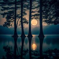 Serene Night Scene with Full Moon and Silhouetted Trees Reflecting in Calm Water photo