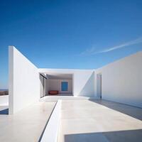 Stunning Minimalist White Architecture with Open Courtyard and Bright Blue Sky photo