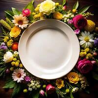 A white dinner plate is surrounded by a beautiful and colorful arrangement of various flowers and greenery photo