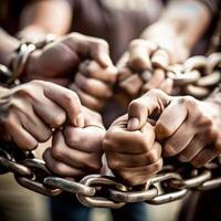 Many Hands Clasped Together Around a Heavy Metal Chain Symbolizing Unity and Shared Burden photo