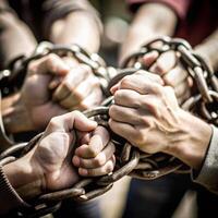 Bound Together Hands Clasped Around Heavy Rusty Chains Symbolic of Unity and Struggle photo