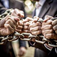 Intertwined Hands Bound Together by a Heavy Metal Chain Symbolizing Shared Burden and Collective Struggle photo