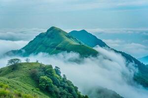 Majestic Mountain Peaks Enveloped in a Sea of Clouds A Breathtaking Panorama of Lush Green Hills and Misty Valleys photo