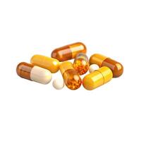 A Pile of Orange and White Capsules and Small White Tablets photo