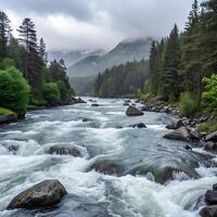 A Stunning View of a Rushing River in a Mountainous Region on a Cloudy Day photo