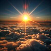 Stunning Aerial View of a Sunset Above the Clouds with Sun Rays photo