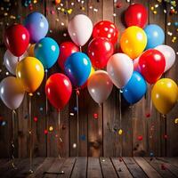 A Colorful Collection of Balloons Against a Rustic Wooden Background with Confetti photo
