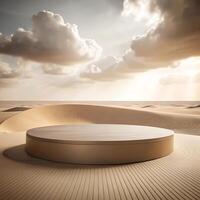 Serene Minimalist Desert Platform Under a Cloudy Sky photo