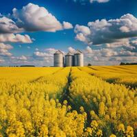 Scenic View of Three Grain Silos in a Vibrant Yellow Rapeseed Field Under a Cloudy Blue Sky photo