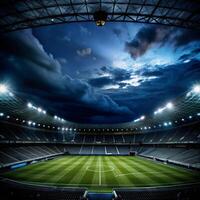 Empty Stadium at Night Under a Dramatic Sky A Breathtaking View of a Soccer Field photo