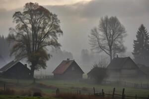 Misty Morning in a Rural Village Fog Envelops Wooden Houses and Ancient Trees photo