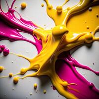 Vibrant Yellow and Magenta Paint Splatter Abstract Art Background photo