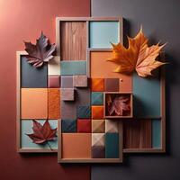 Autumnal Color Palette Displayed in Wooden Frames with Maple Leaves photo