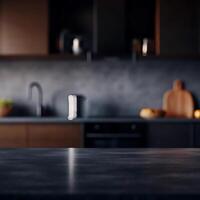 Dark Modern Kitchen Countertop Empty Space for Product Placement Mockup photo