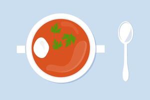 Beetroot or tomato soup garnished with sour cream and parsley. Borscht bowl with spoon. Flat illustration top table view. vector