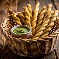 Basket with bread sticks and dip on wooden table photo