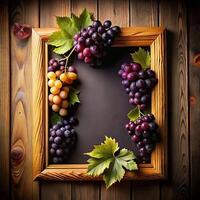 A Wooden Frame Adorned with Lush Bunches of Grapes of Varying Colors photo