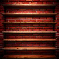 A brick wall with shelves and a shelf with shelves photo