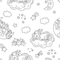 black and white seamless pattern with sleeping unicorns. Repeat background with fairytale characters, falling stars. Fantasy world digital paper. Good night texture, coloring page vector